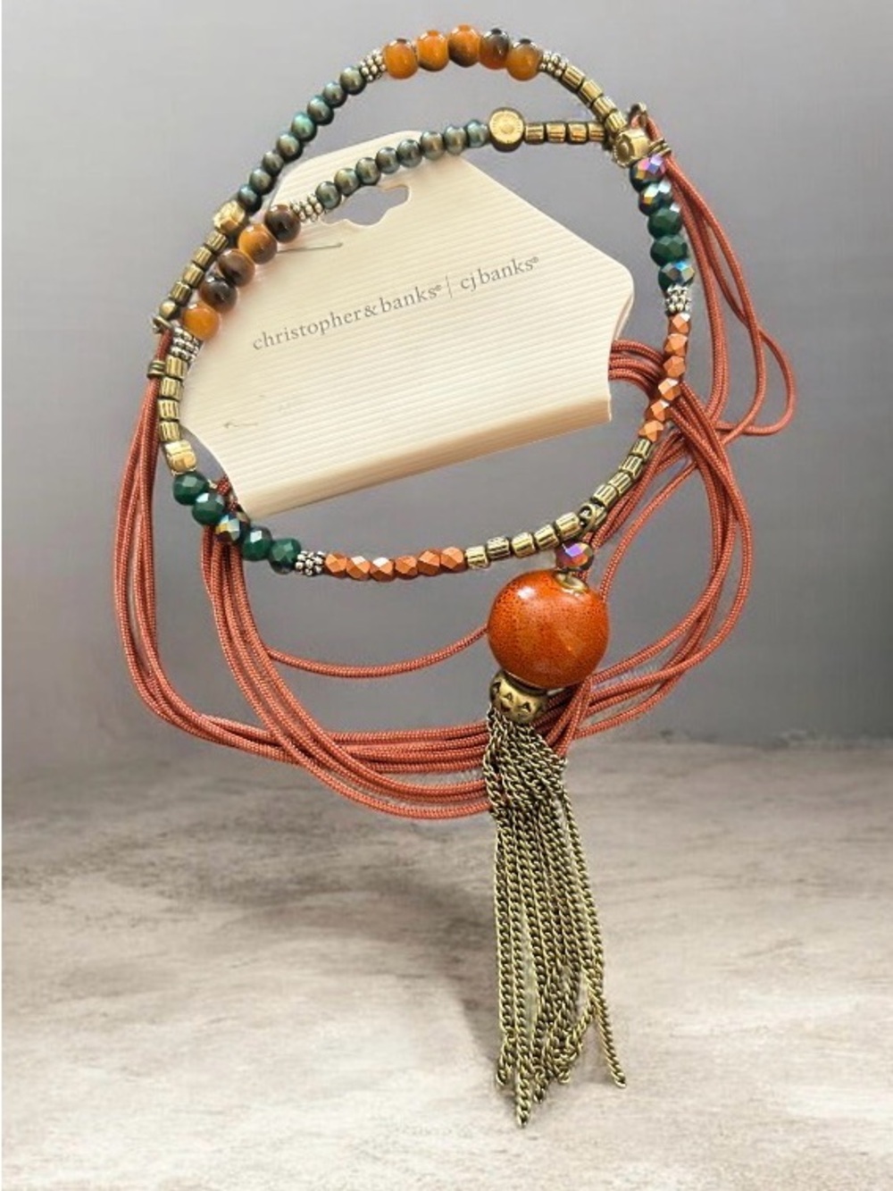 Christopher & Banks Orange Beaded Tassel Necklace with Gold Accents - Picture 3 of 3